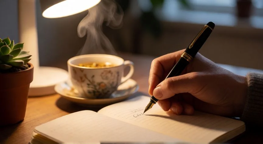 como mejorar mis emociones, Mano escribiendo en un diario de gratitud junto a una taza de té