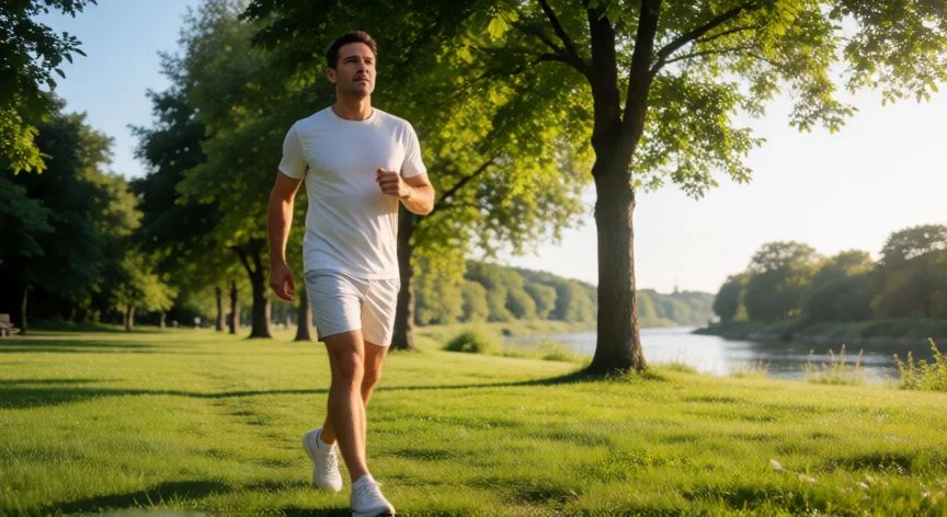 como mejorar mis espermatozoides, Hombre haciendo ejercicio aeróbico moderado al aire libre para mejorar la salud testicular