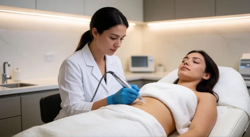 como mejorar mis estrias, Sesión de microneedling en consulta de dermatología estética para tratar estrías