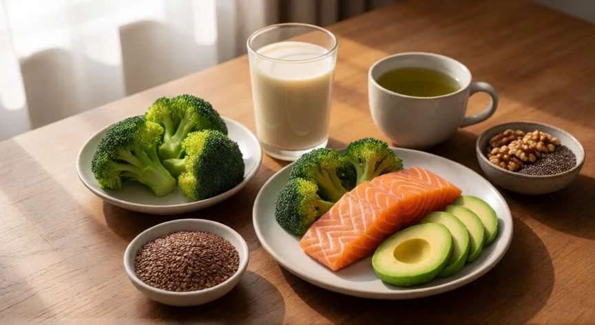 Mesa con alimentación rica en fitoestrógenos: lino, brócoli, salmón, soja y frutos secos
