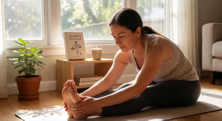 como mejorar mis estrogenos naturalmente, Mujer practicando yoga suave en un salón luminoso con libro de equilibrio hormonal al fondo