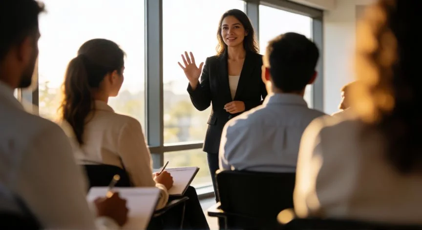 como mejorar mis exposiciones, Mujer exponiendo con seguridad ante un público en sala de conferencias