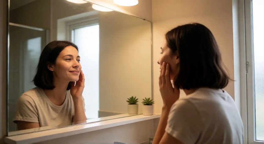 Mujer observando su expresión facial en el espejo con luz natural
