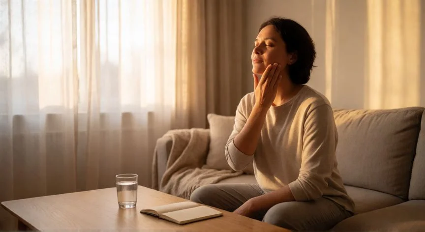 como mejorar mis expresiones faciales, Persona realizando ejercicio de relajación facial en un ambiente cálido