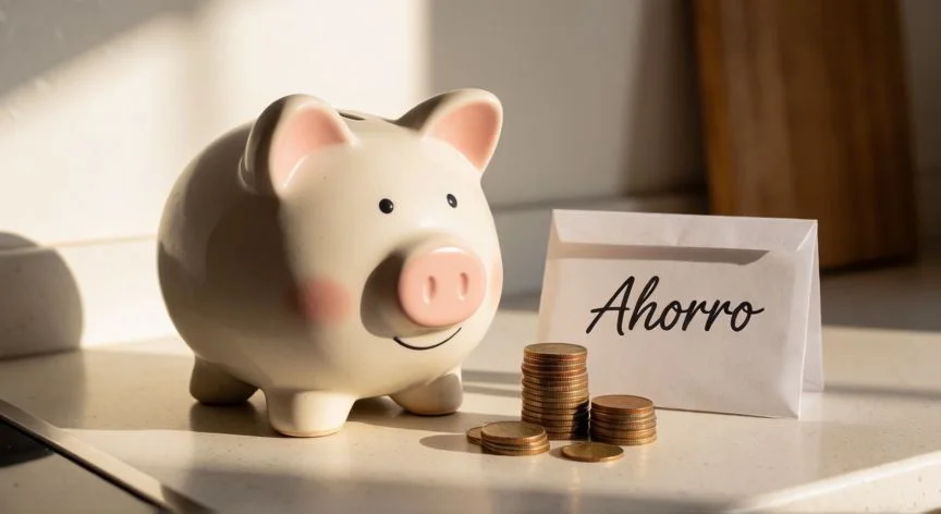 como mejorar mis finanzas, Cerdito de ahorro con monedas y sobre etiquetado como ahorro en una cocina