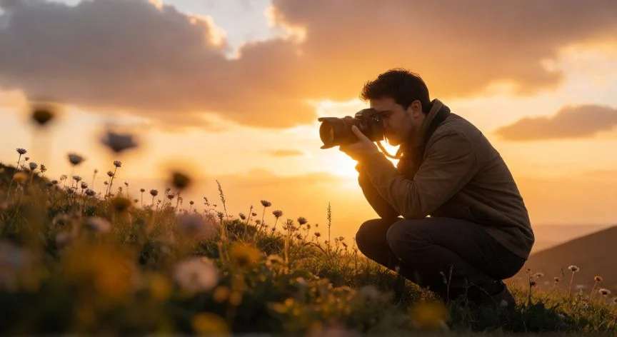 como mejorar mis fotos, Fotógrafo tomando una foto durante la hora dorada en un campo