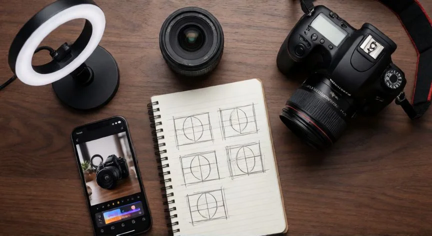 como mejorar mis fotos, Espacio de trabajo fotográfico con cámara, lentes y herramientas de edición