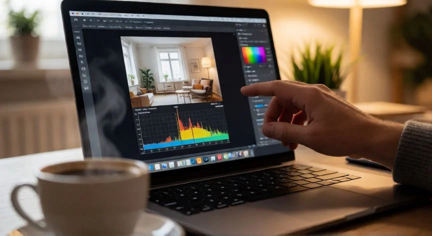 como mejorar mis fotos gratis, Manos editando una foto en Lightroom en un portátil con luz cálida