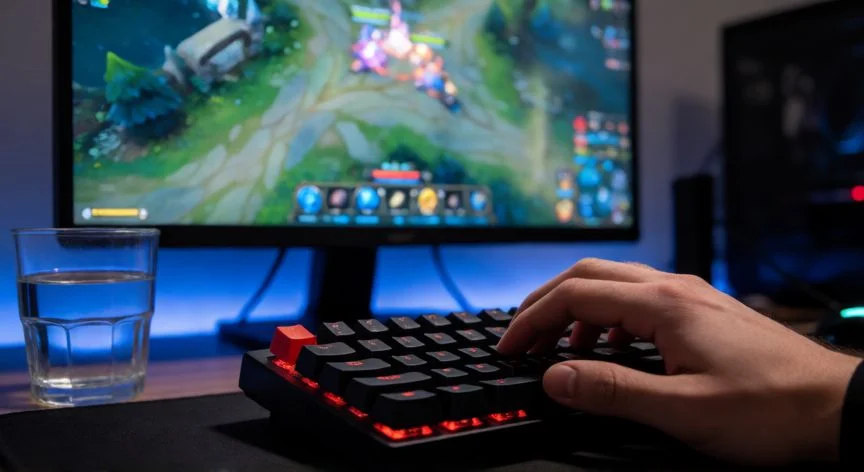como mejorar mis fps en dota 2, Jugador concentrado en una partida competitiva de Dota 2 con teclado mecánico