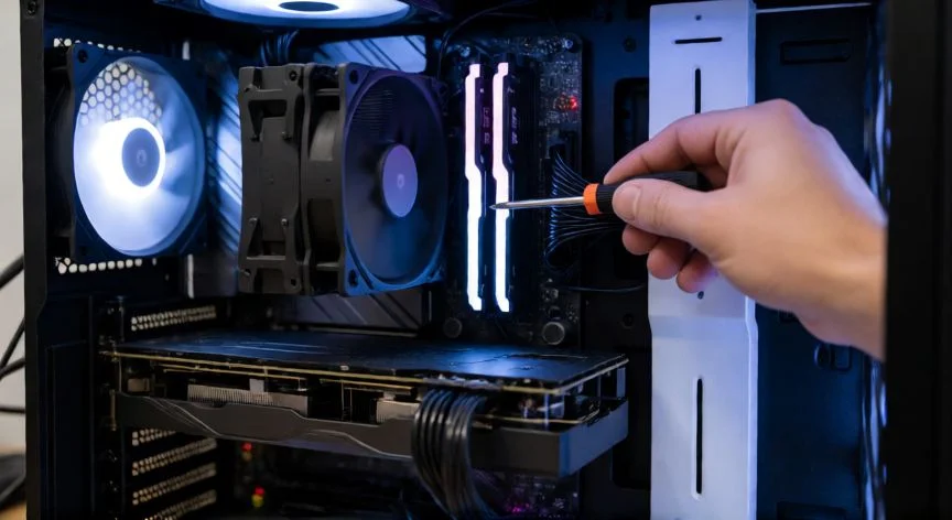 como mejorar mis fps en minecraft, Interior de un PC mostrando GPU y RAM durante una optimización de hardware