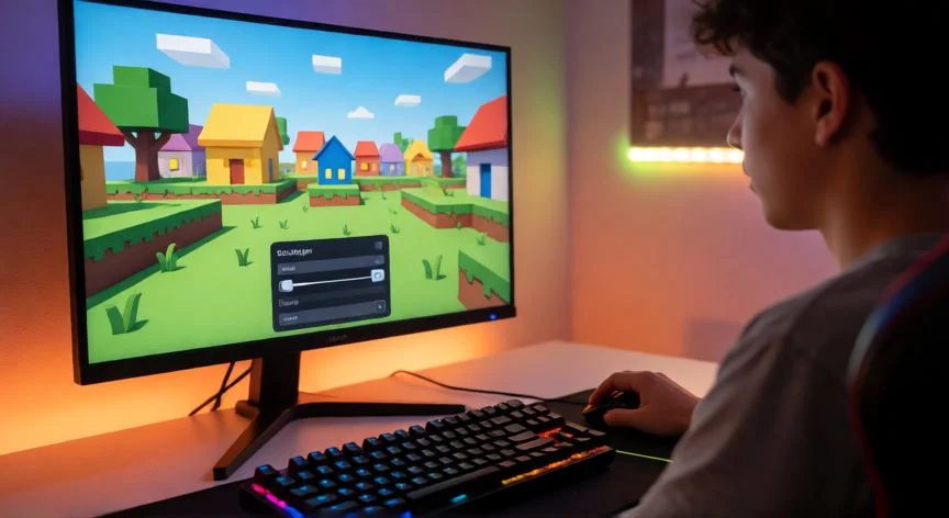 Persona ajustando los gráficos en Roblox desde la barra de tareas del monitor