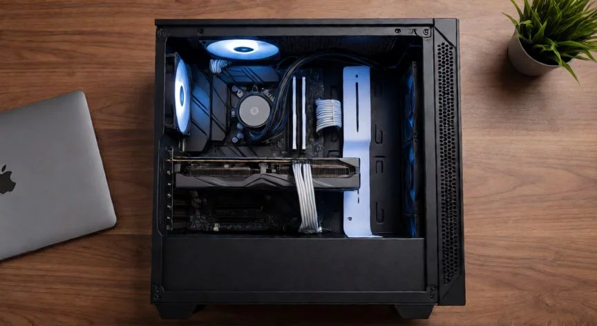 como mejorar mis fps en roblox, Interior de un PC mostrando GPU, RAM y CPU para optimizar rendimiento en Roblox