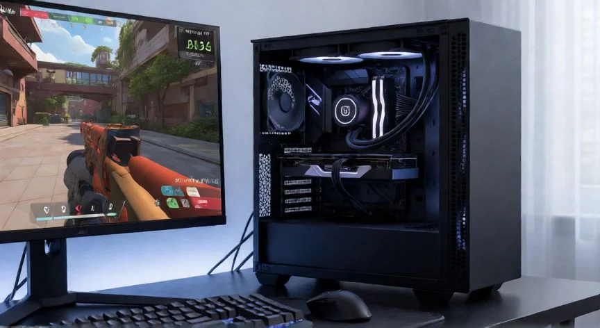 como mejorar mis fps en valorant, Setup gaming con PC abierto mostrando CPU y GPU con buen flujo de aire y monitor con Valorant a alto FPS