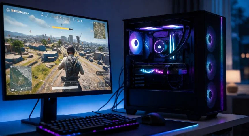 PC gaming con GPU RGB y monitor mostrando partida de Warzone