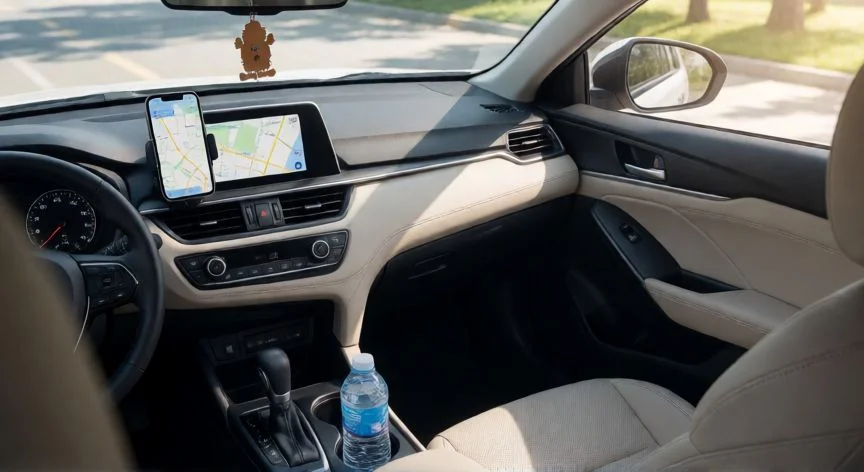 como mejorar mis ganancias en uber, Interior limpio y organizado de un coche preparado para conducir con Uber