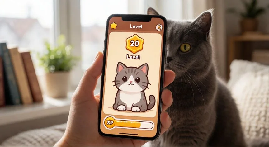 como mejorar mis gatos a nivel 20, Manos sosteniendo un móvil con juego de gato nivel 20 y un gato real gris al lado