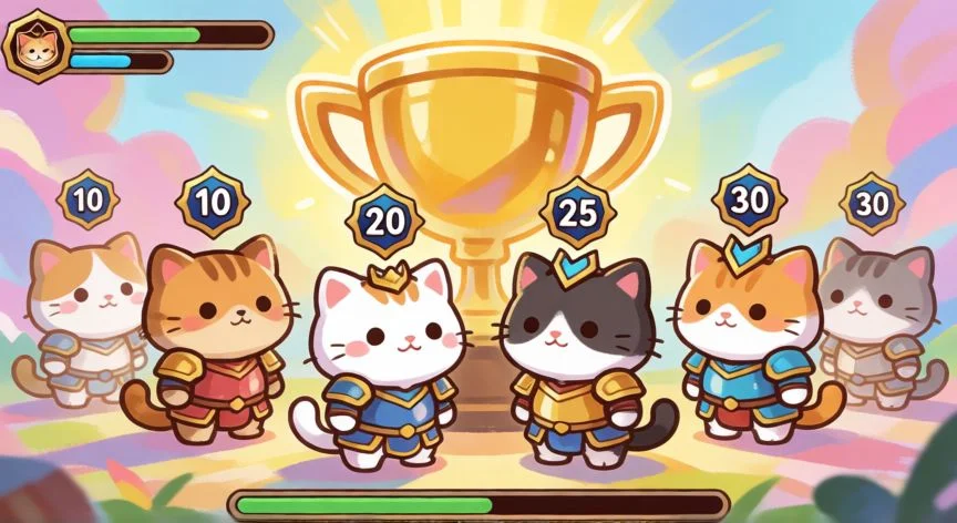 como mejorar mis gatos a nivel 30, Gatos de videojuego en fila mostrando su progreso de nivel hacia el 30