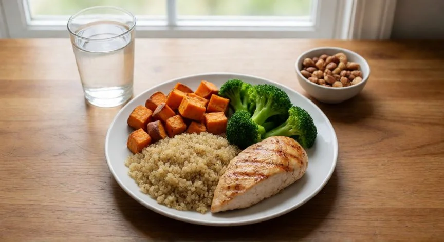 como mejorar mis gluteos que se vean mas, Comida post-entrenamiento con pollo, quinua, boniato y verduras sobre mesa de madera