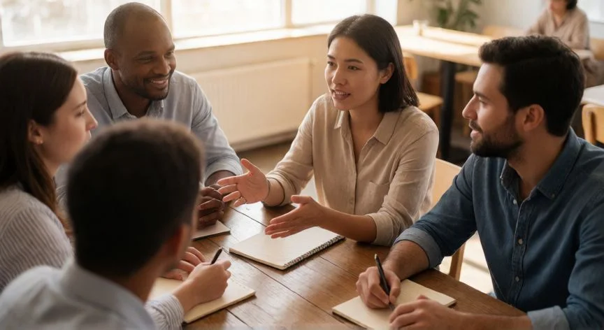 como mejorar mis habilidades blandas, Equipo diverso en reunión colaborativa practicando comunicación efectiva
