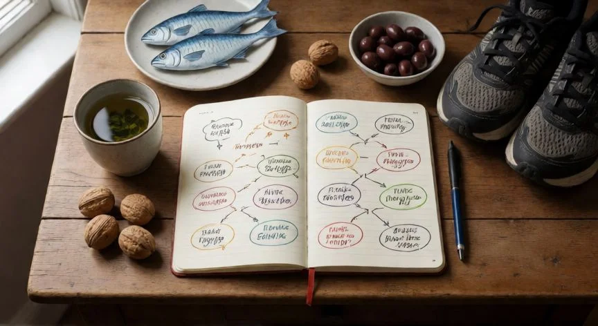 como mejorar mis habilidades cognitivas, Mesa con cuaderno de mapas mentales, té verde, pescado azul, frutos secos y zapatillas de correr
