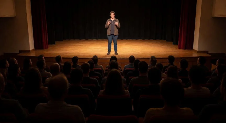 como mejorar mis habilidades de comunicacion, Orador en un auditorio practicando comunicación pública ante una audiencia atenta