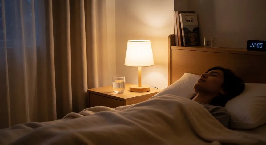 como mejorar mis habitos de sueño, Habitación tranquila preparada para dormir con luz tenue y ambiente relajante
