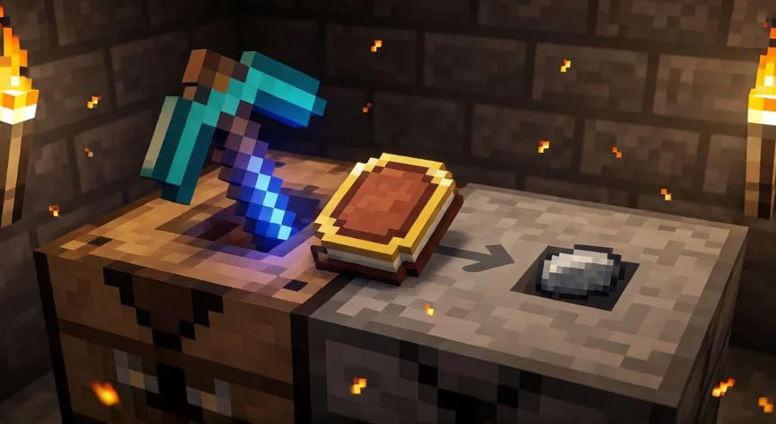 como mejorar mis herramientas de diamante a netherite, Mesa de herrería con pico de diamante, plantilla de netherita e ingote para la mejora