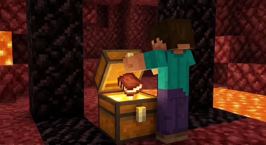 como mejorar mis herramientas de diamante a netherite, Jugador abriendo un cofre en un bastión del Nether con la plantilla de mejora de netherita
