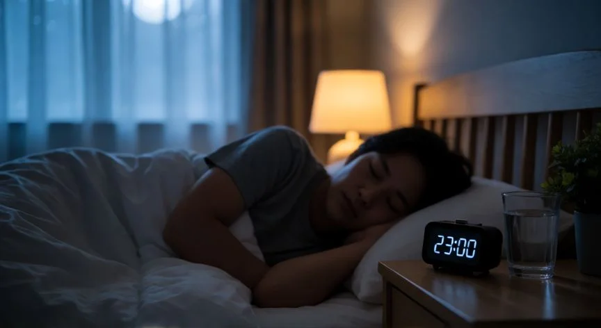 Persona durmiendo en habitación oscura con luz de luna