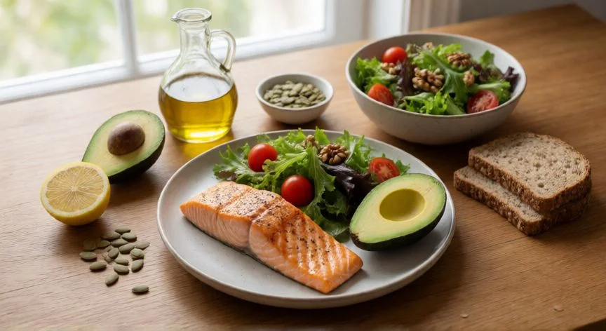 como mejorar mis hormonas, Comida saludable con salmón, aguacate y frutos secos sobre mesa de madera