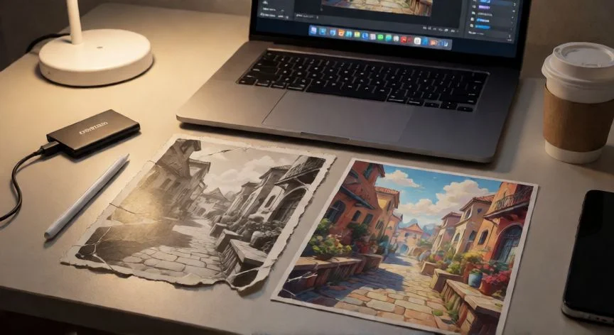 como mejorar mis imagenes con ia, Espacio de trabajo con herramientas de IA para restaurar y mejorar fotografías antiguas