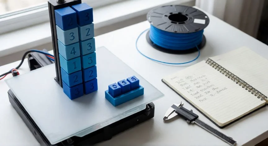como mejorar mis impresiones 3d, Torre de temperatura de PLA y calibre en mesa de trabajo para calibración