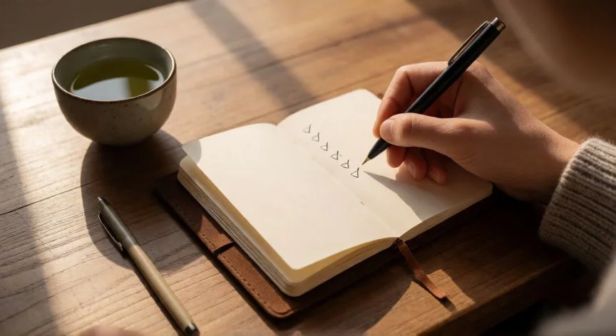 como mejorar mis impulsos, Mano escribiendo en un diario de registro de impulsos sobre una mesa de madera