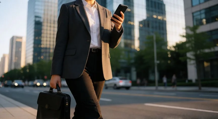 como mejorar mis ingresos, Persona caminando por la ciudad revisando su móvil con actitud segura