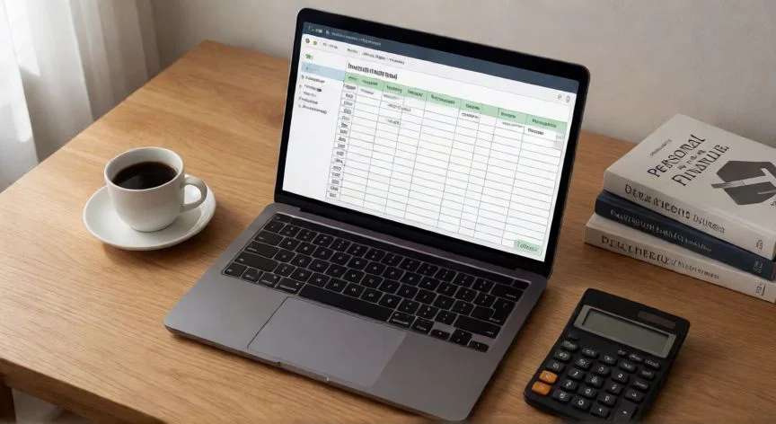 como mejorar mis ingresos desde casa, Vista cenital de escritorio con herramientas de gestión financiera y planificación