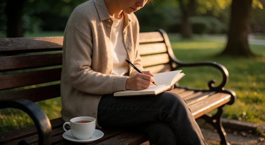 como mejorar mis inseguridades, Persona escribiendo en un cuaderno en un banco de parque al atardecer, reflexionando con calma