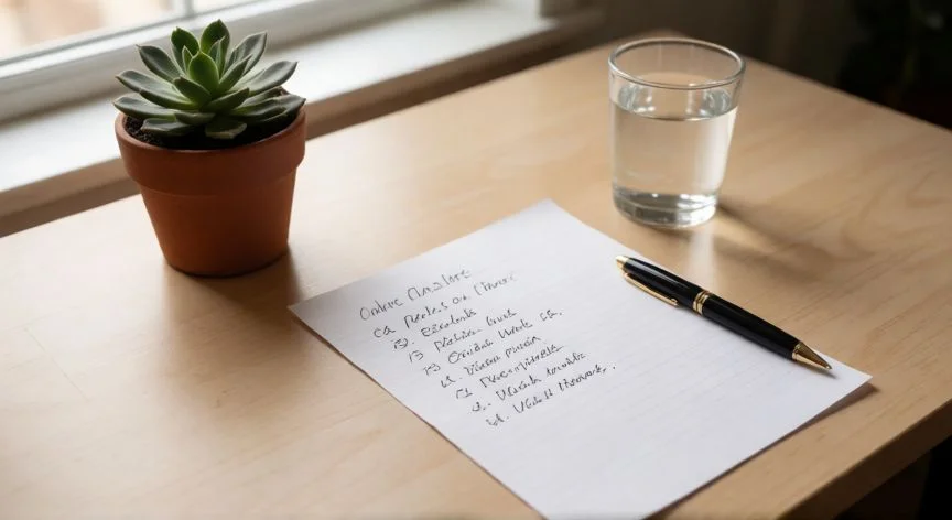 como mejorar mis inseguridades, Mesa con lista de valores personal escrita a mano, planta pequeña y luz natural de ventana