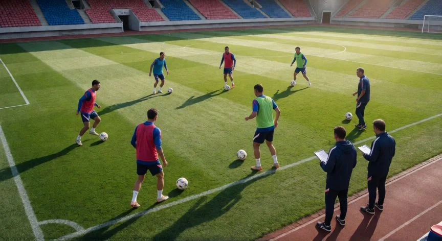 como mejorar mis jugadores en dls, Sesión de entrenamiento de fútbol en un campo profesional con jugadores y entrenadores