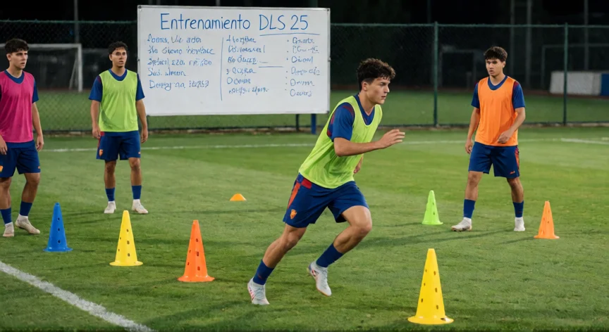 Jugador joven entrenando agilidad en un campo de fútbol con pizarra de entrenamiento