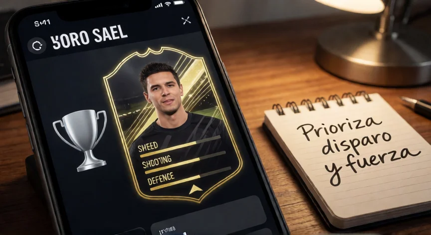 como mejorar mis jugadores en dls 25, Pantalla de móvil con tarjeta de jugador Dorado y estadísticas en DLS 25