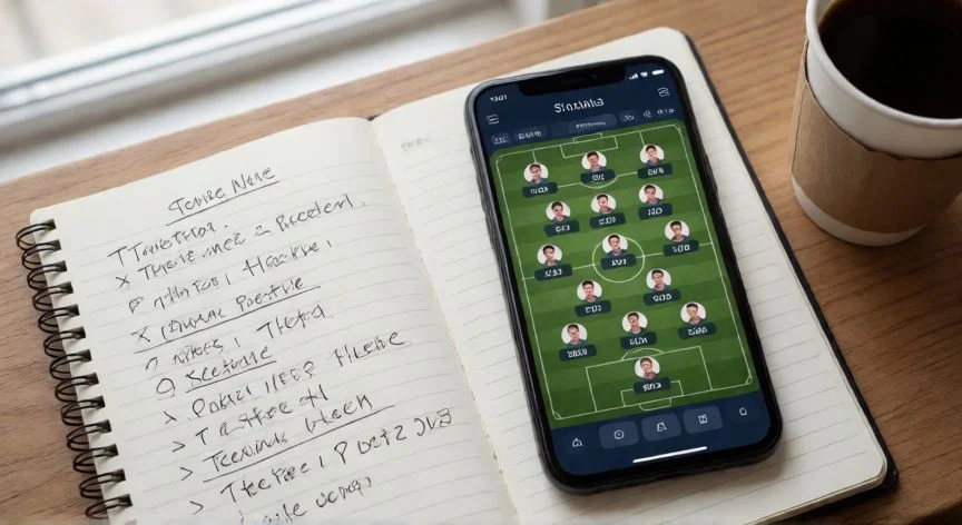 como mejorar mis jugadores en dream league soccer 2026, Plaza de escritorio con móvil mostrando formación 4-3-3 y apuntes de entrenamiento de jugadores
