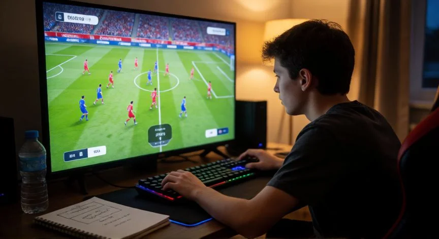 como mejorar mis jugadores en efootball, Gamer practicando tácticas y entrenando jugadores en eFootball desde su setup
