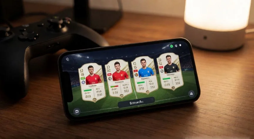 Smartphone mostrando la interfaz de gestión de jugadores de FC Mobile sobre un escritorio