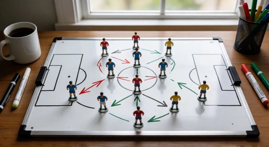 como mejorar mis jugadores en fc mobile, Pizarra táctica con formación 4-3-3 de FC Mobile vista cenital