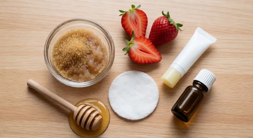 como mejorar mis labios, Ingredientes naturales para exfoliación y cuidado de labios en composición plana