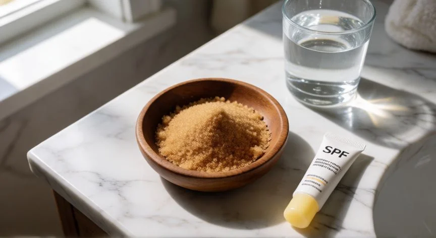 como mejorar mis labios hombre, Ingredientes para exfoliación labial: azúcar moreno, miel y bálsamo con SPF