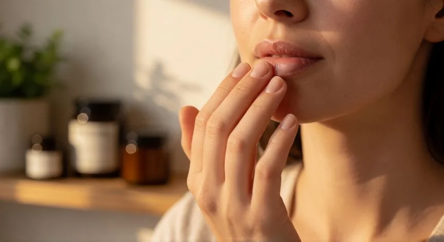 como mejorar mis labios mujer, Mujer aplicando bálsamo labial natural con miel y aceite de coco en sus labios