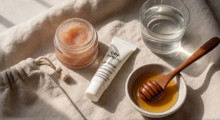 como mejorar mis labios mujer, Rutina de cuidado labial con ingredientes naturales dispuestos sobre tela de lino