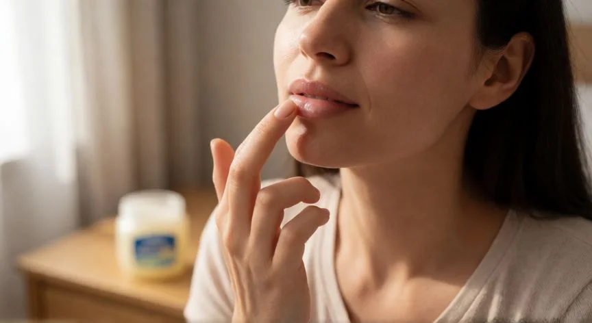 como mejorar mis labios resecos, Mujer aplicando bálsamo labial con la yema del dedo en su rutina de cuidado nocturno
