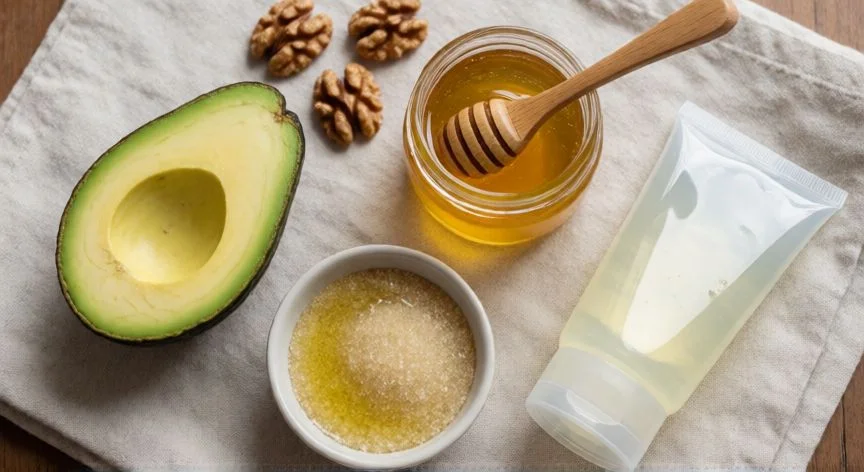 como mejorar mis labios resecos, Ingredientes naturales para mascarilla labial: aguacate, miel, aceite de oliva y azúcar sobre tela de lino